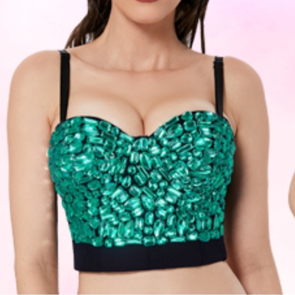 Charmian Rhinestone Push Up Bra Studded Gem Clubwear Party Bustier Crop Top L